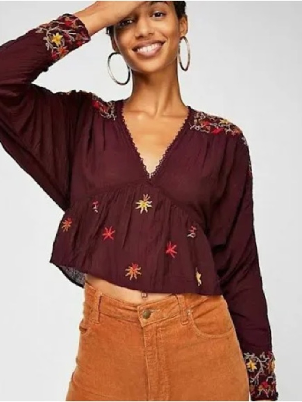 Free People Burgundy Embroidered V-Neck Peasant Blouse
